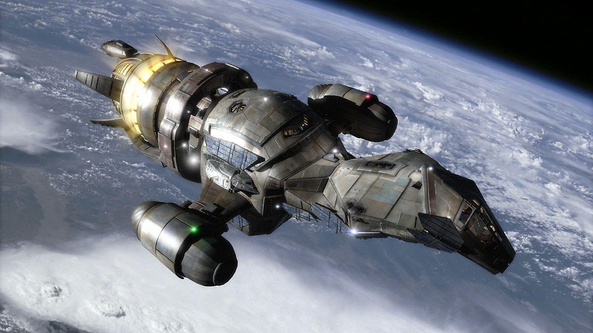 The Serenity ship, a Firefly-class transport, Series 3 spaceship, shown in orbit around an Earth like planet.