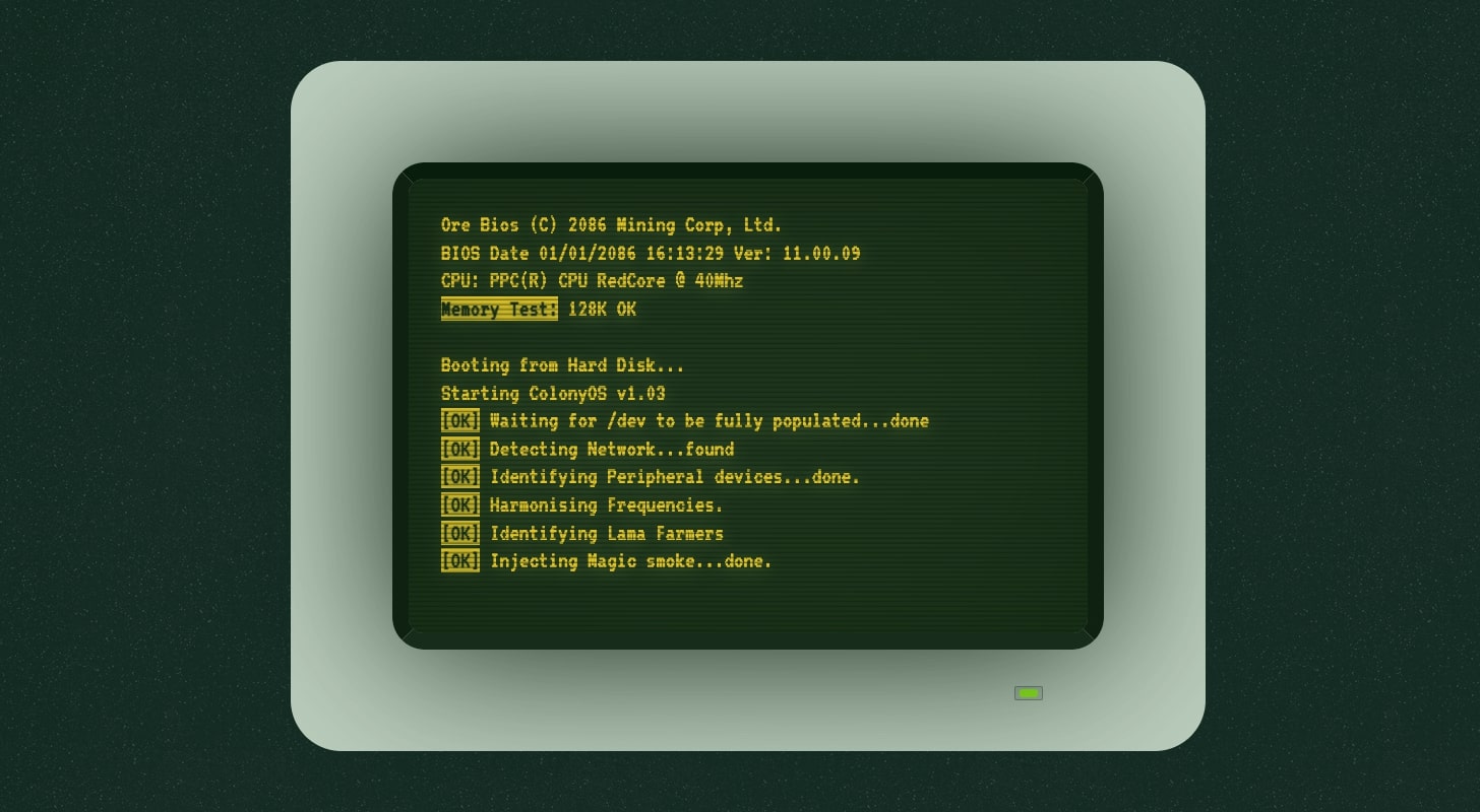 Mock terminal with an amber glow showing a pretend boot up sequence